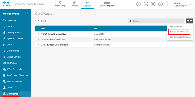 Configure Internal Certificate in FDM GUI