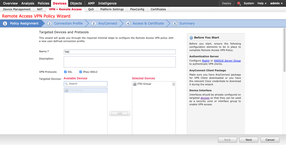 Remote Access FMC Wizard: Policy assignment to device