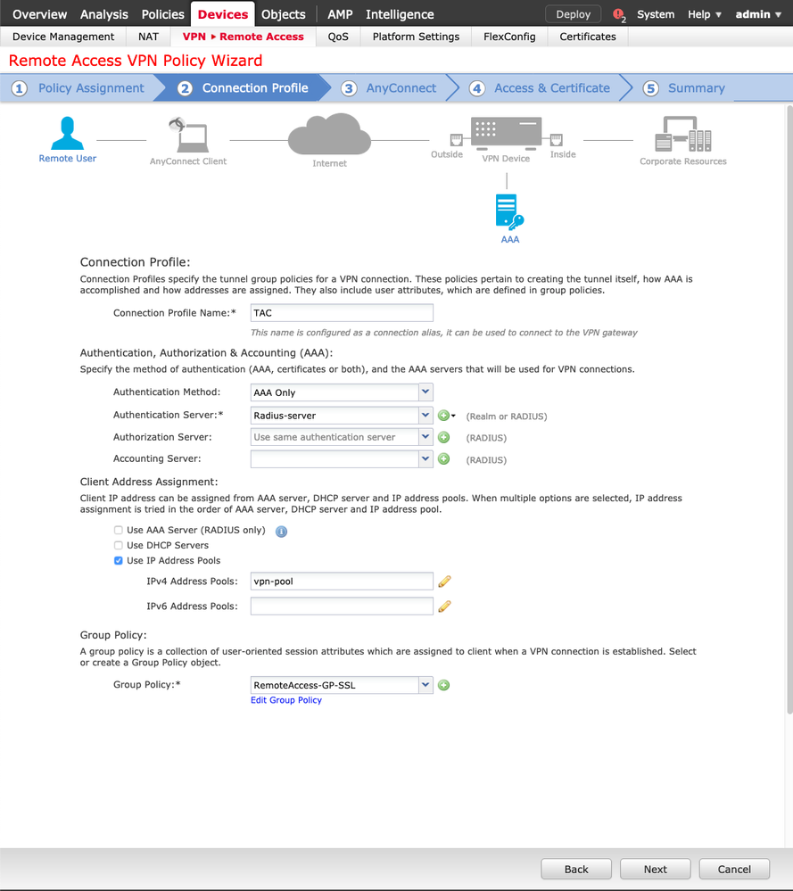 Remote Access FMC Wizard: Connection profile configuration