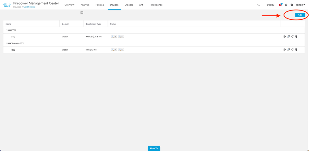 Graphical User Interface, Webpage FMC. Image of Certificates on Firepower Management Center.