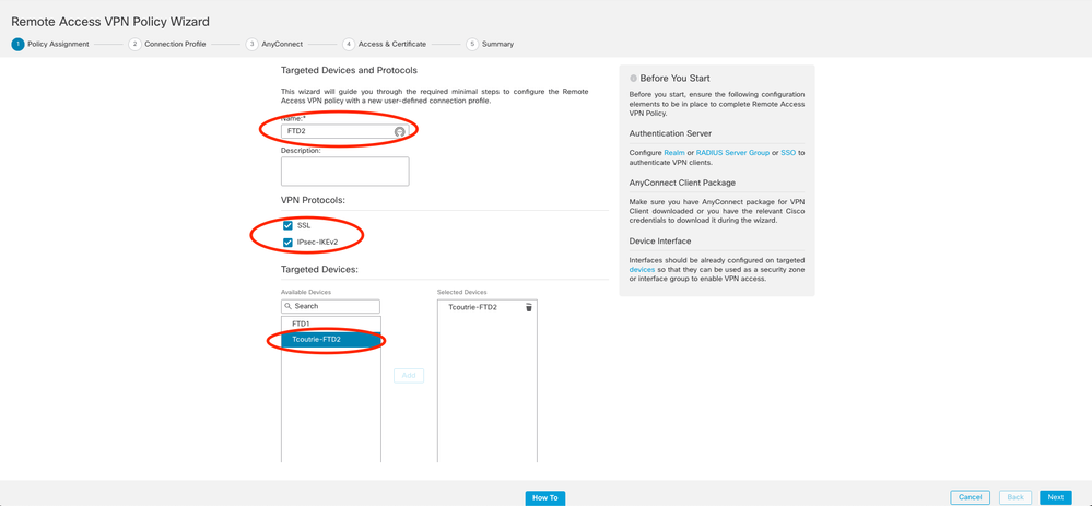 Graphical User Interface, Webpage FMC. Image of Remote Access VPN Policy Wizard.