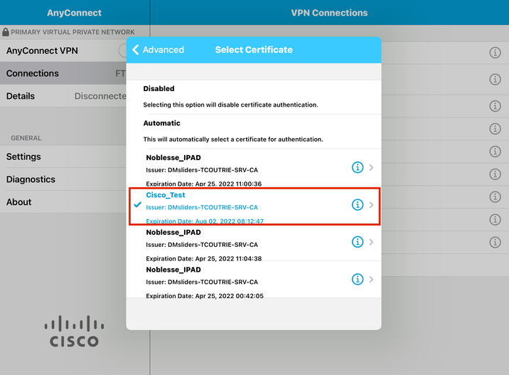 Graphical User Interface, Application AnyConnect. Image of Select Certificate on AnyConnect Application.