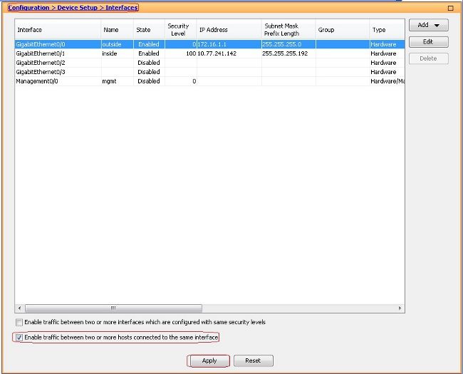 Choose interface and check the checkbox to enable traffic between two or more hosts connected to the same interface