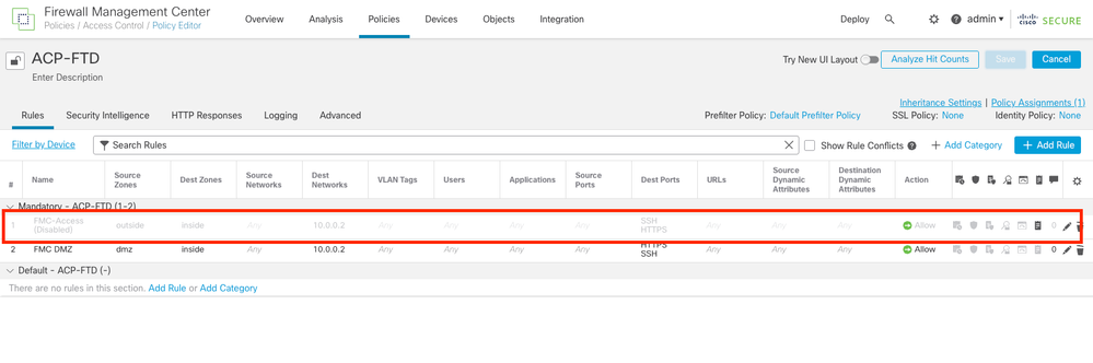 Image 2. The Rule that Allows SFMC Reachability Disabled