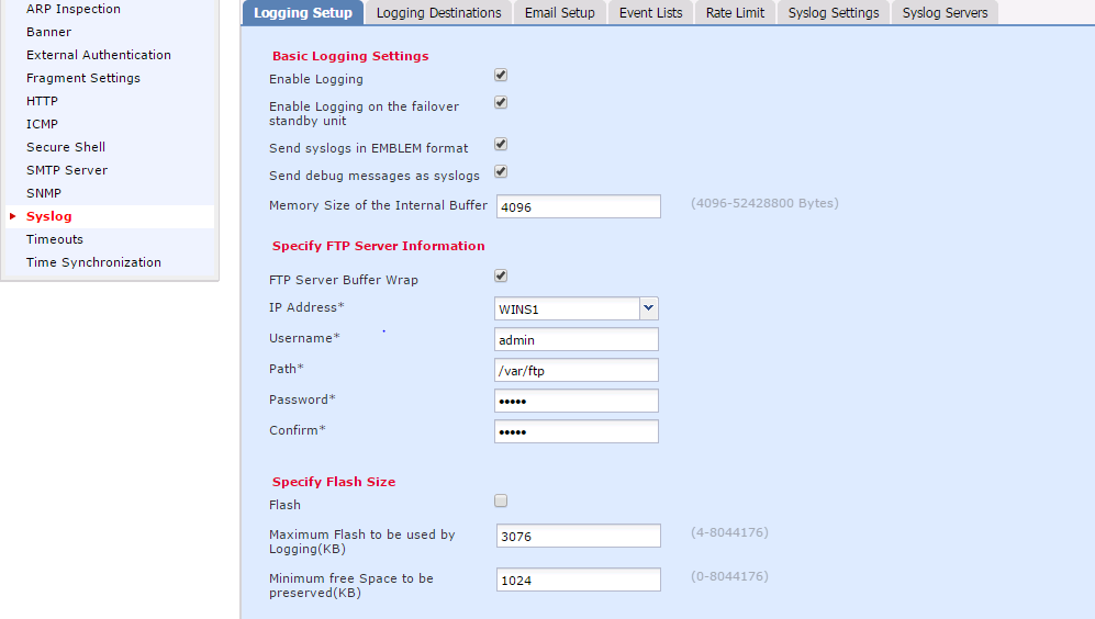 Specify the flash size if you want to save the log data to flash.