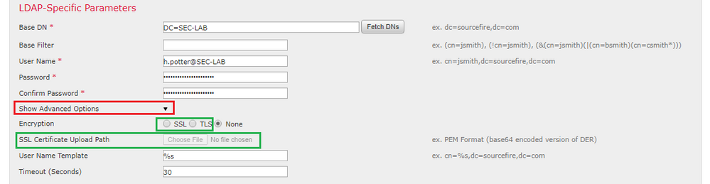 Configure SSL/TLS Advanced Options for External Authentication Objects in Cisco FMC