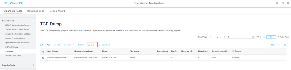 Stoping a packet capture on ISE.