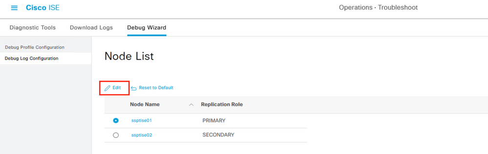 Selecting a node to debug on ISE.