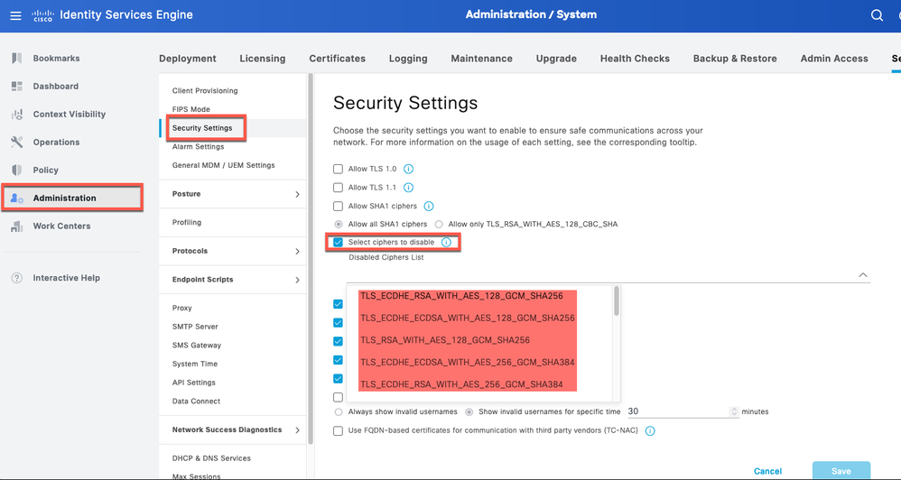 Opção de desativar as cifras do ISE 3.3