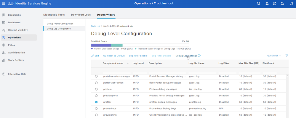 Debug Log Configuration Page