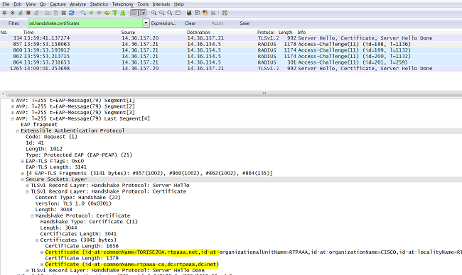 Install a third-party CA certificate in ISE - Troubleshoot - Certificate chain in the capture