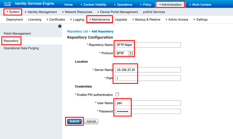 Enter Configuration Parameters for an SFTP repository and click Submit