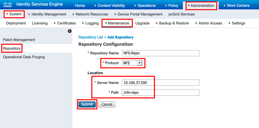 Enter Configuration Parameters for an NFS repository and click Submit