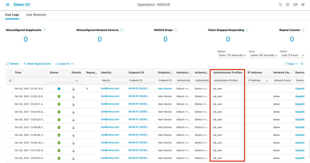 ISE 3.1 Alarms Based on Authorization Results - ISE Live Logs