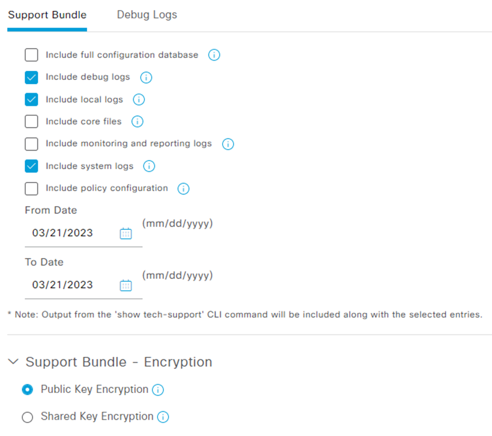 Choose Support Bundle Logs