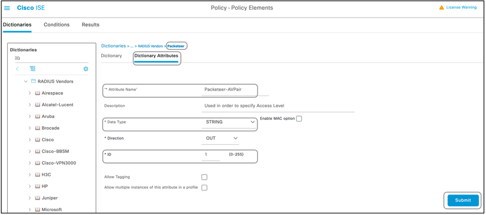 Cisco ISE Dictionary Attributes Selections, then Submit