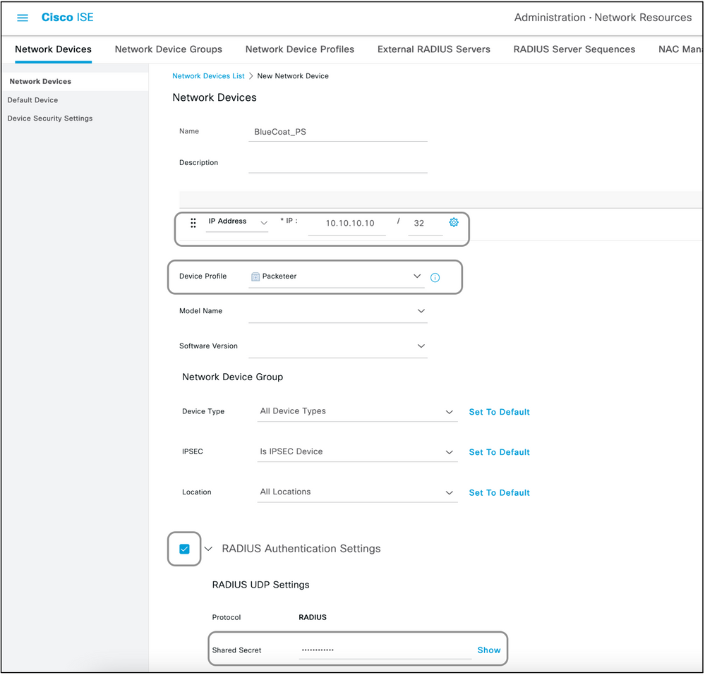 Cisco ISE Network Devices Select IP Address and Device Profile