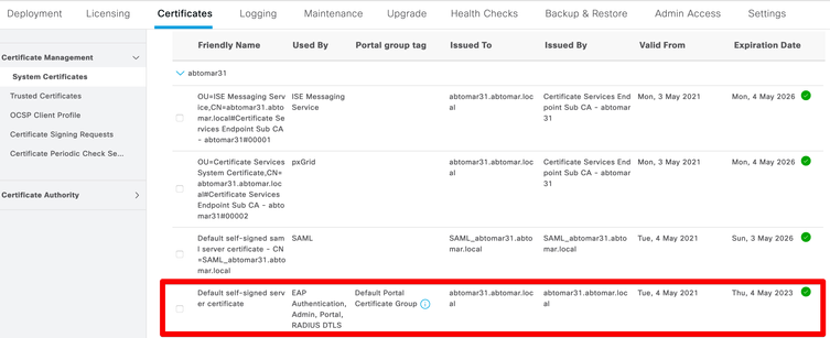 View ISE Self-Signed Certificates