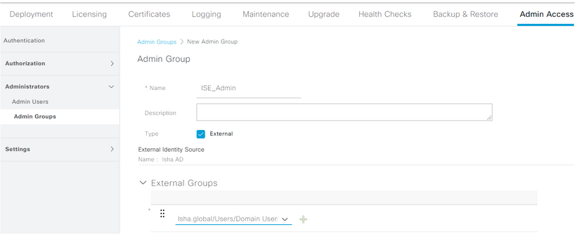 Integración de Microsoft AD para Cisco ISE: configuración del grupo de administradores para la asignación del grupo de AD