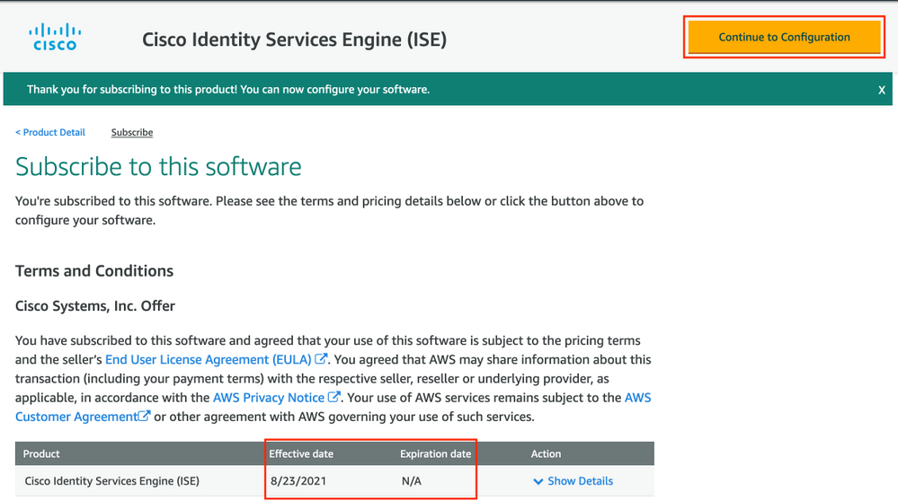 Cisco ISE on AWS - Enrolled into Subscription