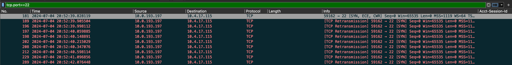 A sample packet capture that shows SSH dropping.