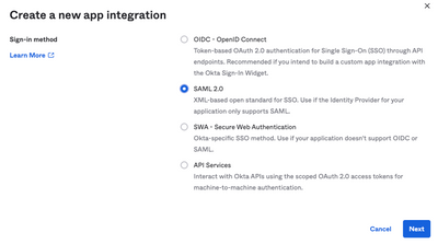 Select SAML 2.0 application type