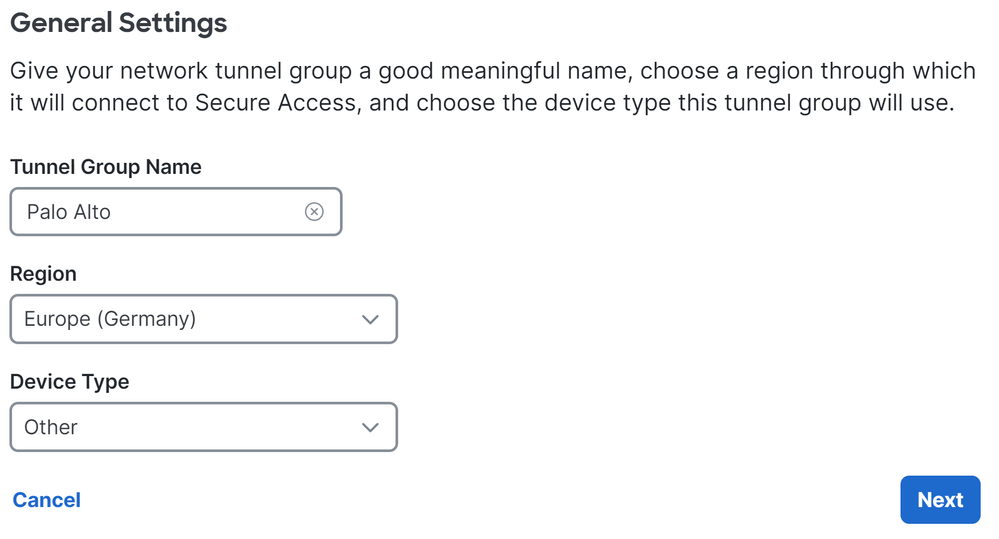 Network Tunnel Group - General Settings