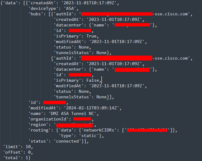 Python output - Network Tunnel Groups