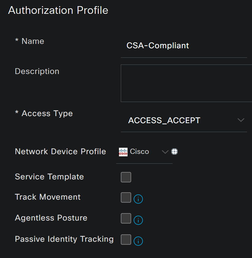 ISE：認可プロファイル：CSA準拠