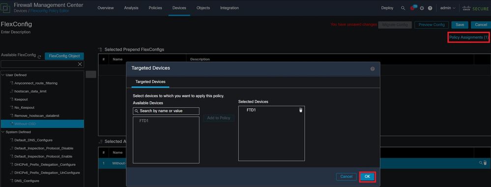 Assign the FlexConfig Policy to a FirePOWER device.