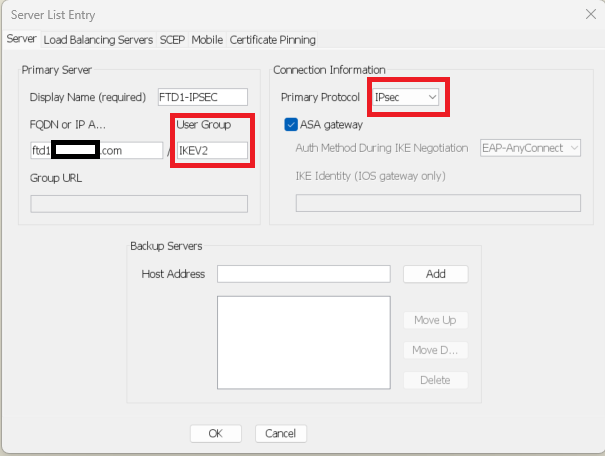 Edit the XML profile so that the primary protocol is IPsec, and the User Group matches the connection profile name.