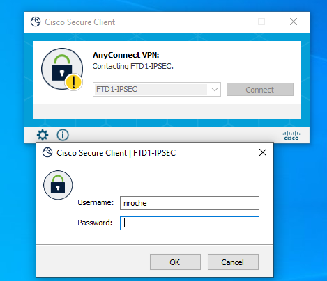 Secure Client UI view of the IPsec-IKEv2 RAVPN connection attempt.