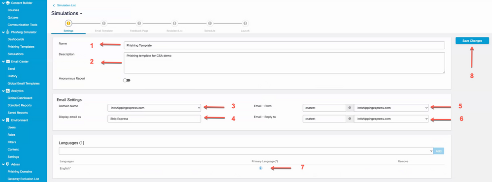 Fields that need to be filled into configure new simulation