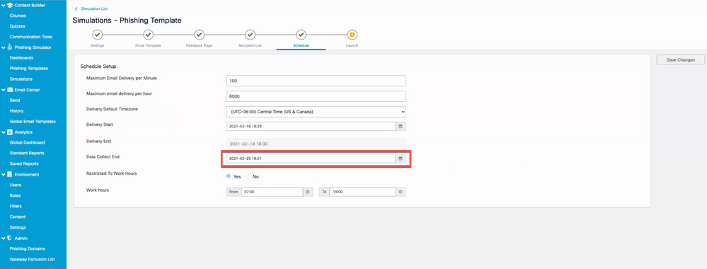 Data Collect End field which designates when the simulation should end