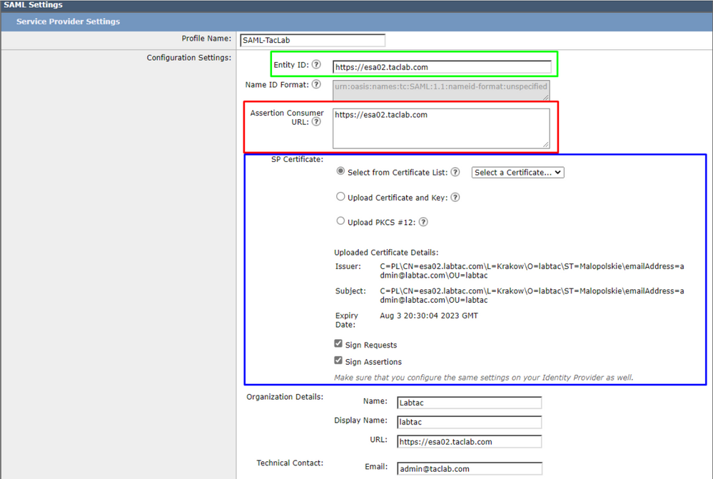 ESA SAML Settings