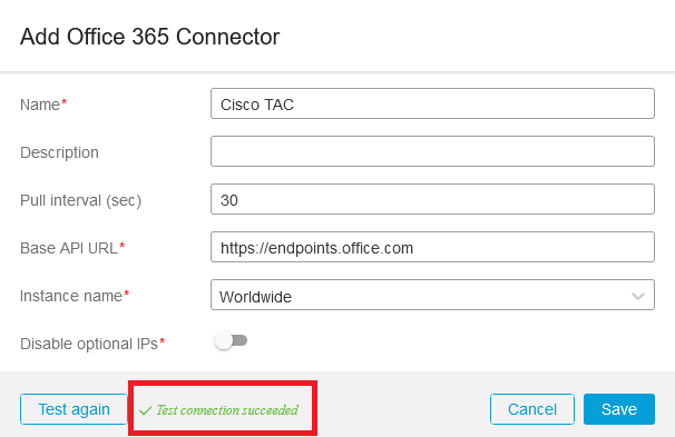 Konfiguration des CSDAC Office 365-Connectors erfolgreich