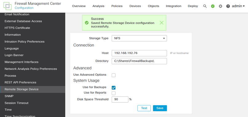 Saved Remote Storage Device Configuration Successfully