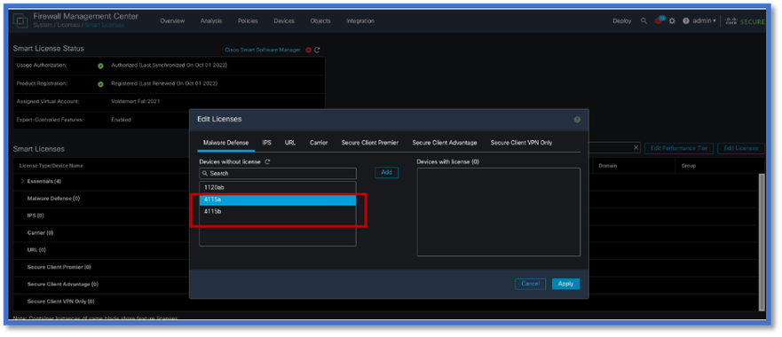 Edit Licenses Dialog on a 7.3 FMC with 4115 Devices in a Cluster