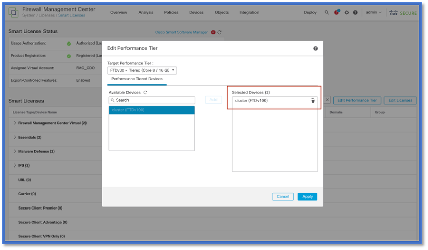 For FTDv Clusters, Select all Nodes of the Cluster and Assign Performance Tier