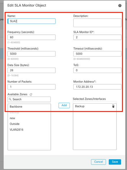 SLA2 Monitor Configuration Window