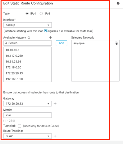 Static Route Configuration Window for the Backup Interface