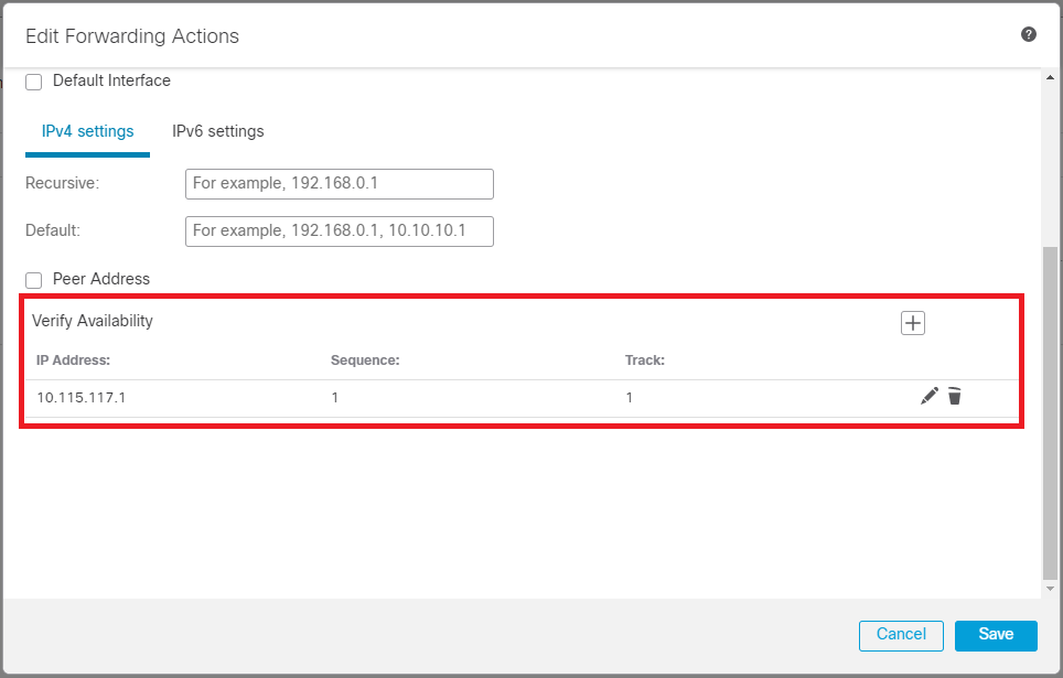 Forwarding Actions Configuration Window