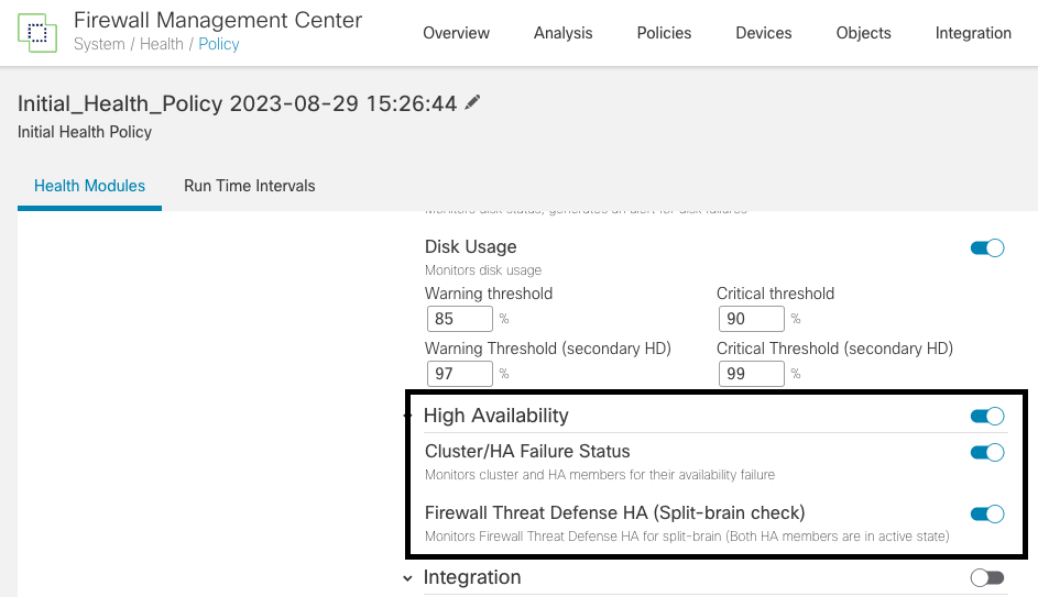 High Availability Health Settings