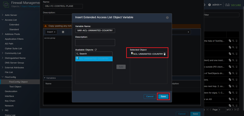 Imagen 13. Asignación de ACL de variable de objeto FlexConfig