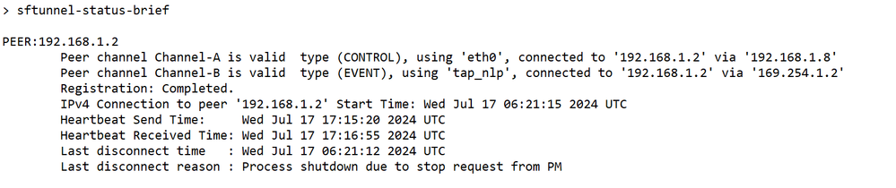 Command Output of sftunnel-status-brief Indicating tap_nlp Interface