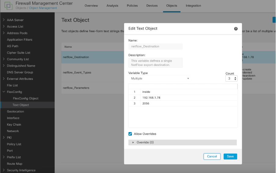 Netflow destination text object