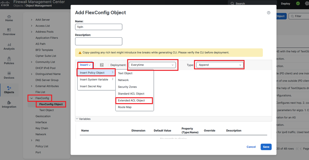 FlexConfig Object Configuration Menu