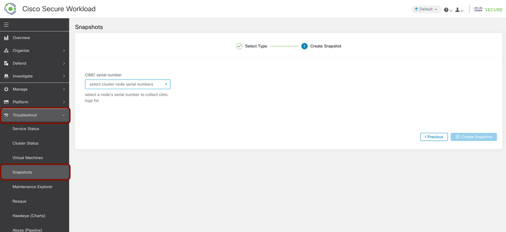 Cisco Secure Workload (Tetration) CIMC Snapshot Generate.