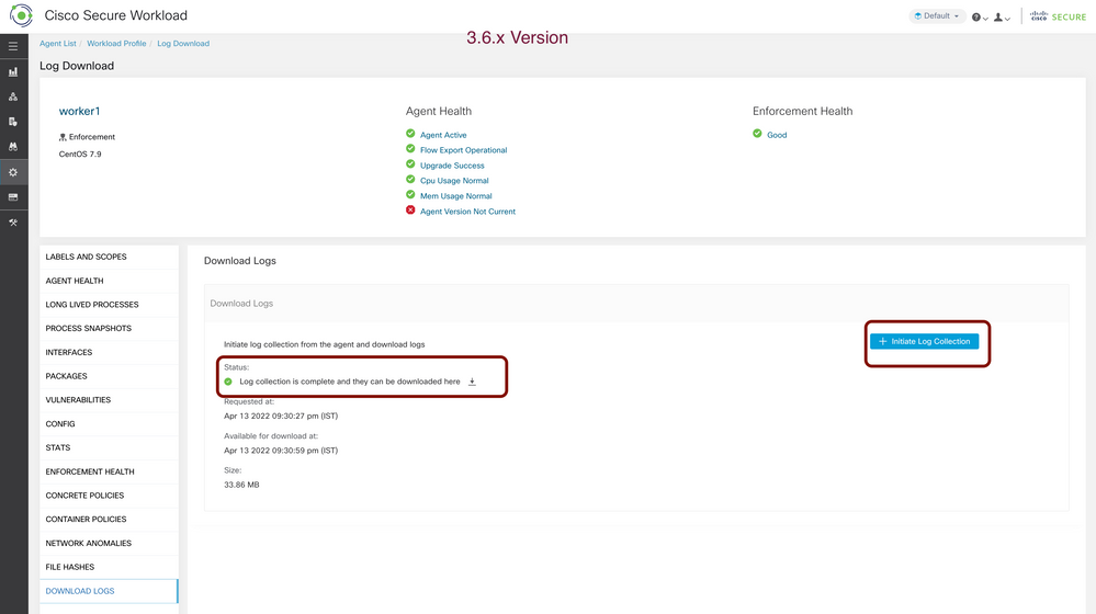 Cisco Secure Workload (Tetration) Agent log bundle Generate.