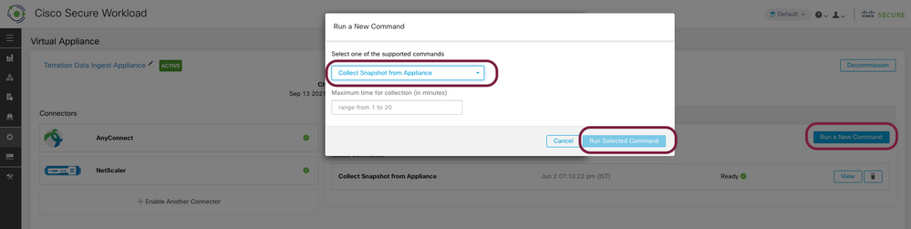 Cisco Secure Workload (Tetration) Virtual Appliance Connector Snapshot Bundle Generate.